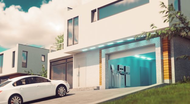 Batereispeicher in der Garage mit ladestation für das E-Auto